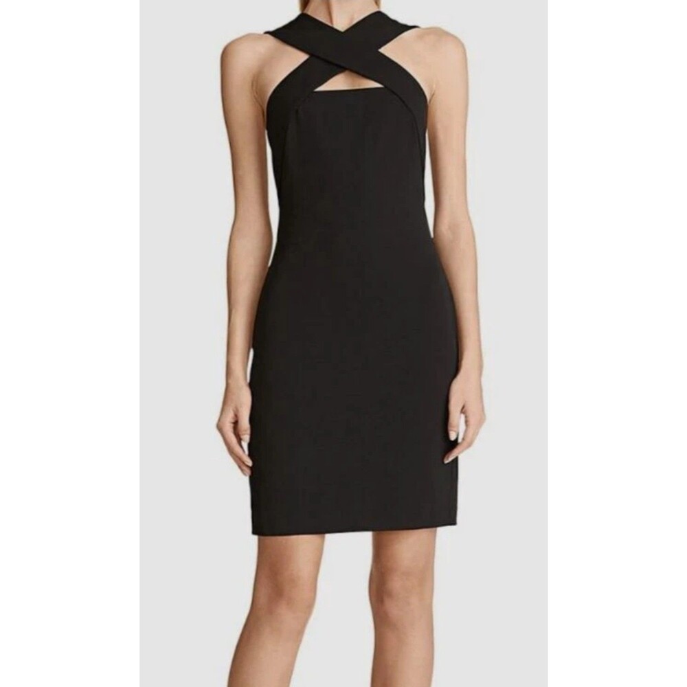 $345 Halston Evening Womens Black Andie Crossover Neck Dress Size 6